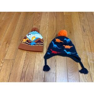 Bundle 2 Kids Winter Hats Two Pack Dinosaur Landscape Beanies with Poms